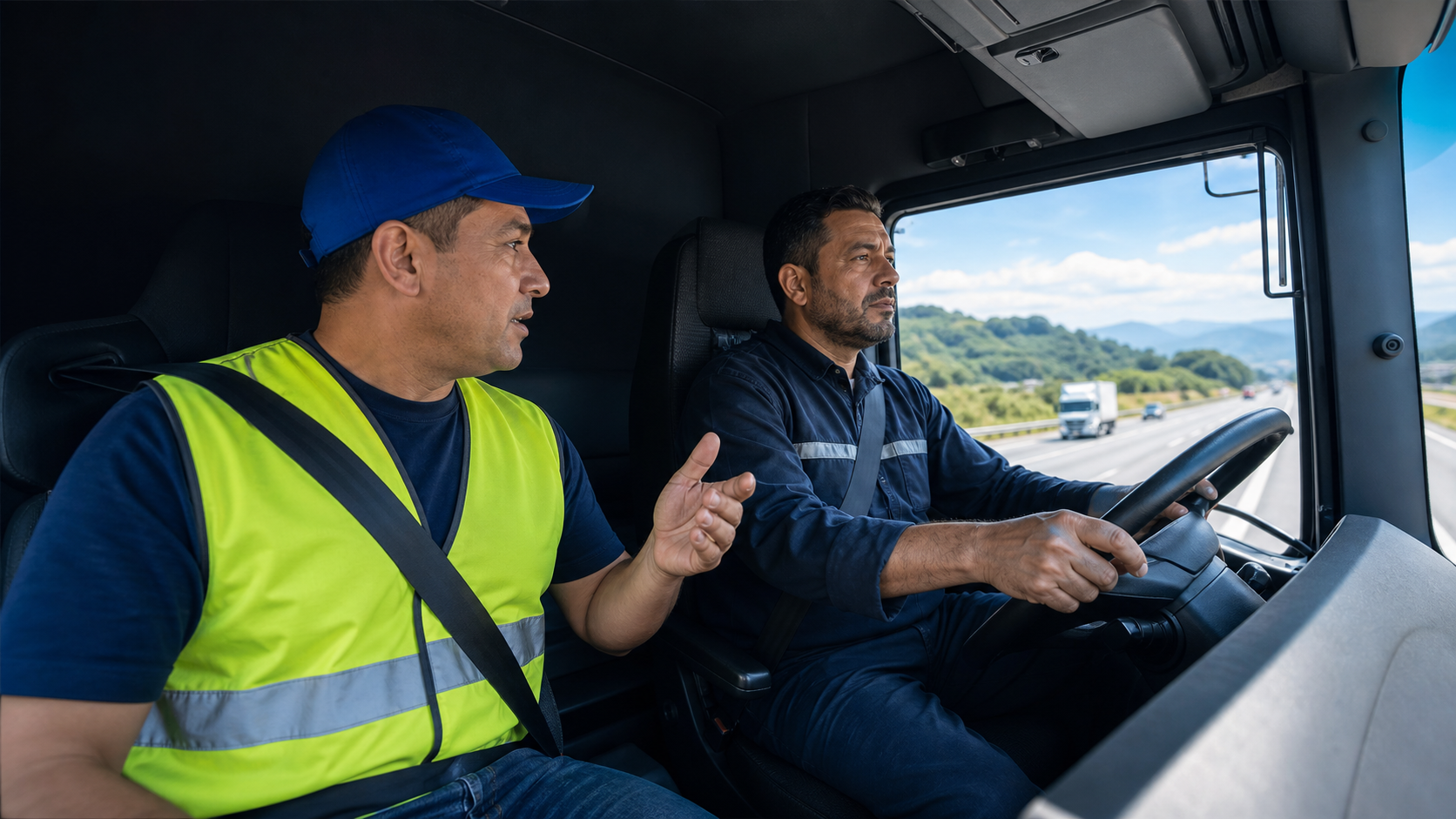 Motorista de caminhão recebendo orientação de um instrutor com boné azul e colete amarelo